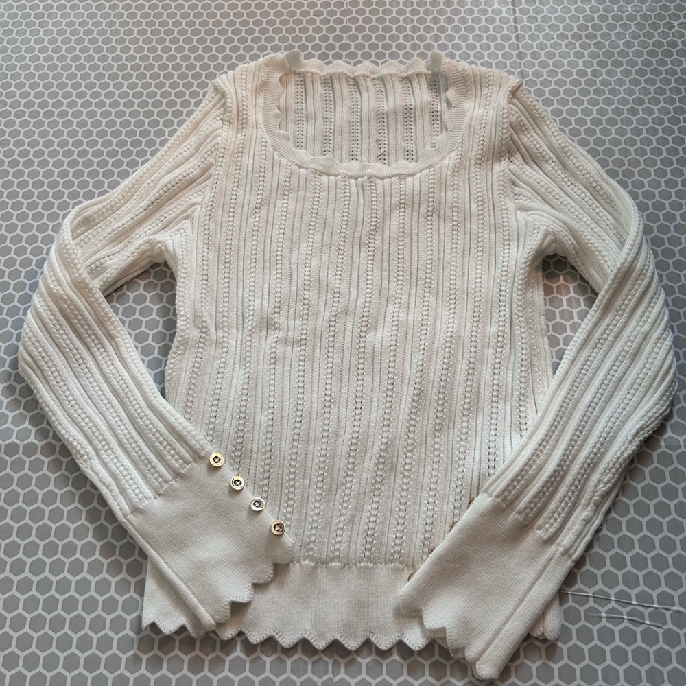Scalloped Hem White Ribbed Squared Neck Sweater with Gold Button Detail